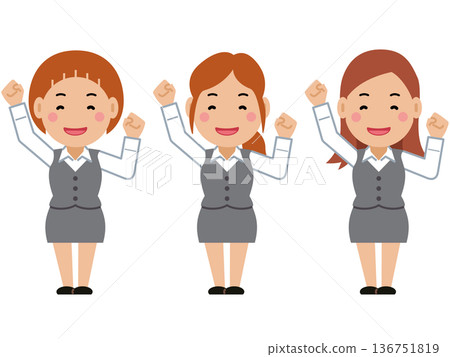 歡呼雀躍，手勢誇張。身穿灰色職業制服的年輕女子。第二部分 136751819