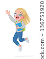 A cute little girl in eyeglasses is jumping excitedly and waving her hand. Cartoon vector illustration. 136751920