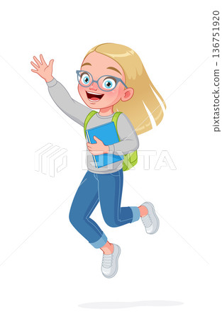 A cute little girl in eyeglasses is jumping excitedly and waving her hand. Cartoon vector illustration. A cute little girl in eyeglasses is jumping excitedly and waving her hand. Cartoon vector illustration. 136751920