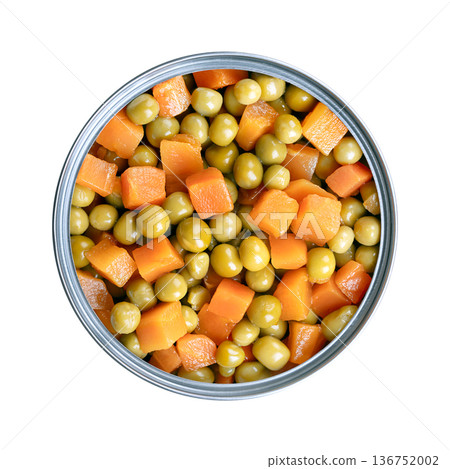 Canned green peas and diced carrots in open tin can. Carrots, Daucus carota, cut into block shape, mixtured with seeds of Pisum sativum, boiled and preserved. Closeup, isolated from above, food photo. Canned green peas and diced carrots in open tin can. Carrots, Daucus carota, cut into block shape, mixtured with seeds of Pisum sativum, boiled and preserved. Closeup, isolated from above, food photo. 136752002