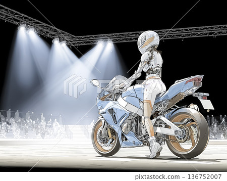 攝影棚燈光下的女性運動摩托車騎士 | 從背後看，她有著酷炫的剪影 136752007