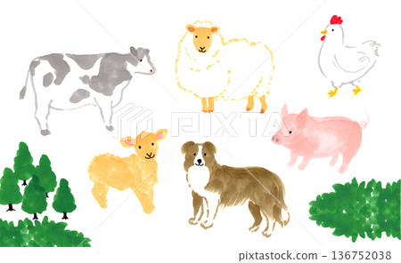 一套簡單可愛的農場動物插畫:牛、羊、雞、豬 一套簡單可愛的農場動物插畫:牛、羊、雞、豬 136752038