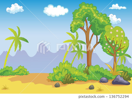 Natural landscape with mountains and trees cartoon vector illustration 136752294