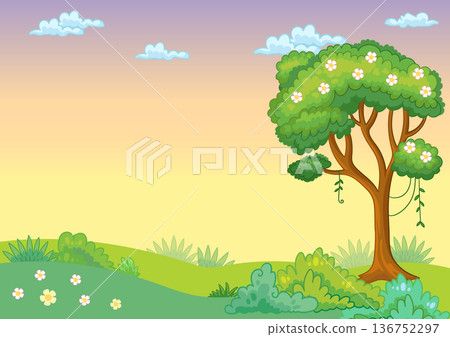 Cartoon background with trees and meadow vector illustration Cartoon background with trees and meadow vector illustration 136752297