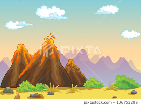 Landscape with mountain and volcanoes cartoon vector illustration Landscape with mountain and volcanoes cartoon vector illustration 136752299