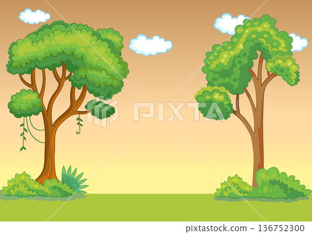 Cartoon background with trees and sunset sky vector illustration Cartoon background with trees and sunset sky vector illustration 136752300