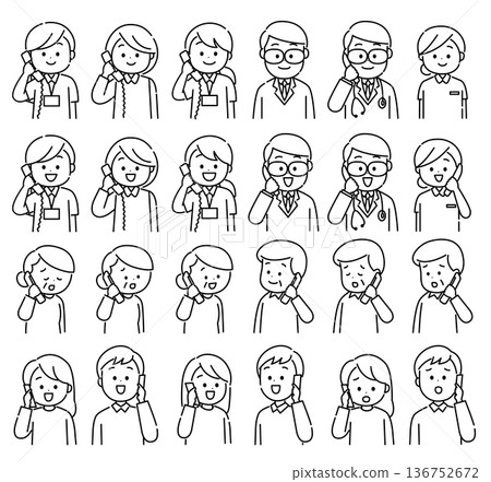 Nurses and patient families - Set of people answering the phone - Line drawing 136752672