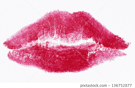 Textured imprint of female lips with bright pink lipstick, detailed skin microrelief Textured imprint of female lips with bright pink lipstick, detailed skin microrelief 136752877