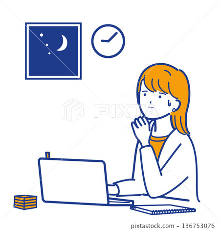 A woman thinking while working overtime until late at night before a meeting (different colors) 136753076