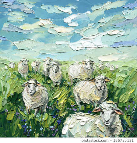 Sheep flock in green meadow under blue sky impasto painting with spring wildflowers and peaceful rural landscape 136753131