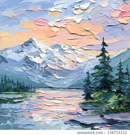 Mountain lake sunset with snowy peak and pine trees impasto landscape painting with calm reflection and pastel sky 136753132
