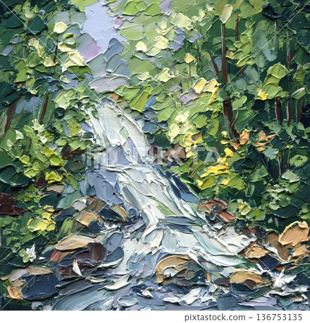 Forest waterfall stream in lush green foliage impasto landscape painting with rocks and fresh spring light Forest waterfall stream in lush green foliage impasto landscape painting with rocks and fresh spring light 136753135