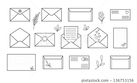 Letters, envelopes, postcards and messages set in line style Letters, envelopes, postcards and messages set in line style 136753156