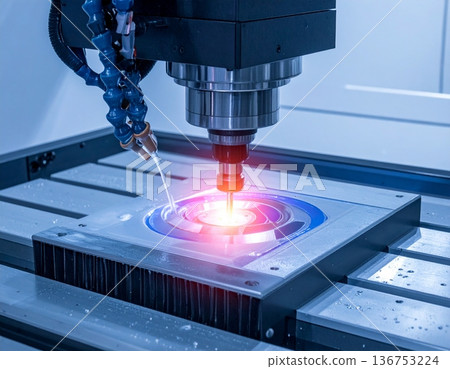 CNC milling machine processing on steel with cooling CNC milling machine processing on steel with cooling 136753224