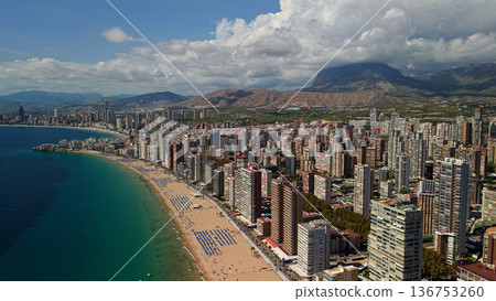 Aerial view of Benidorm coastal skyline with sandy beach and Mediterranean Sea Spain Aerial view of Benidorm coastal skyline with sandy beach and Mediterranean Sea Spain 136753260