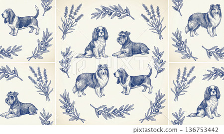 犬種和植物的古典裝飾圖案 136753442