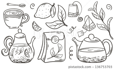 Tea set in doodle sketch style Tea set in doodle sketch style 136753703