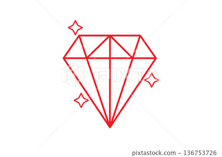 Outline Diamond Icon With Sparkles, Minimal Gem Line Art Symbolizing Luxury, Wealth And Elegance 136753726