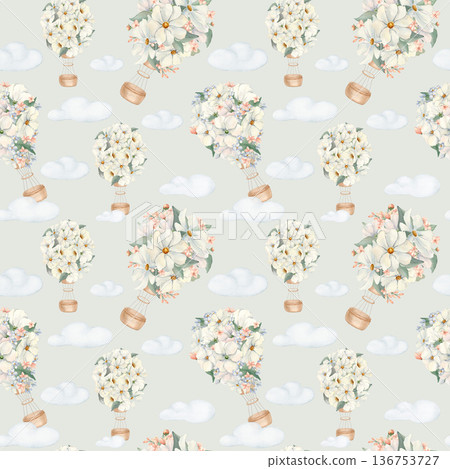 Delicate Balloons on Pastel Clouds seamless pattern. Floral Airships hand drawn watercolor isolated. Gentle nursery pattern with flower balloons. Endless neutral design for infant textile, wallpaper. 136753727