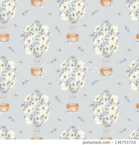 Air balloons and flowers watercolor seamless pattern neutral colors. Hand painted aerostats with floral arrangements soft blue. Repeat background for nursery surfaces and digital paper. Baby print. Air balloons and flowers watercolor seamless pattern neutral colors. Hand painted aerostats with floral arrangements soft blue. Repeat background for nursery surfaces and digital paper. Baby print. 136753728
