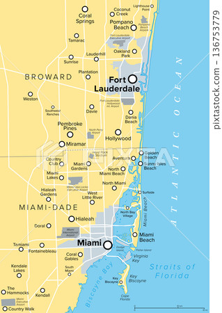 Miami and Fort Lauderdale in South Florida, United States, political map with largest cities. A part of Miami metropolitan area, in southeastern Florida, also known as Gold Coast. Illustration. Vector Miami and Fort Lauderdale in South Florida, United States, political map with largest cities. A part of Miami metropolitan area, in southeastern Florida, also known as Gold Coast. Illustration. Vector 136753779