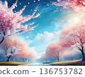 櫻花和花瓣在藍天背景下的風景插圖 136753782