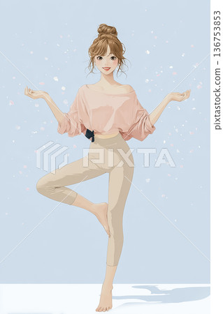 一位姿態優雅的年輕女子 | 一幅芭蕾舞者般優雅的全身插畫 136753853