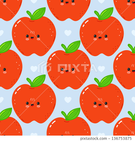 Cute kawaii red apple seamless pattern with hearts 136753875