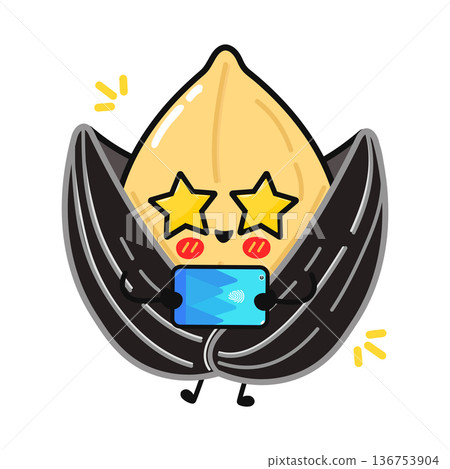 Sunflower seed character with star eyes holding tablet Sunflower seed character with star eyes holding tablet 136753904