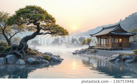 The image shows a picturesque landscape typical of a Japanese garden 136753948