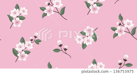 Seamless pattern with cherry blossom flowers on pink background. Fabric print. 136753975