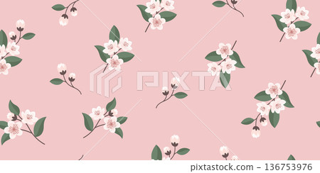 Seamless pattern with cherry blossom flowers on pink background. Fabric print. 136753976