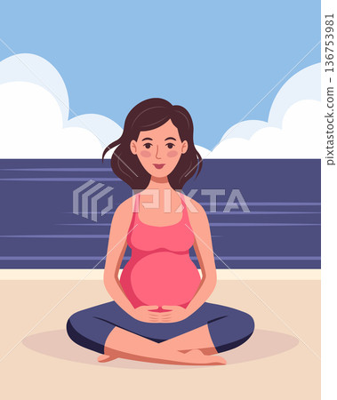 Cute pregnant woman in yoga pose on the beach. Maternity concept, mental and body health wellbeing. Illustration. Cute pregnant woman in yoga pose on the beach. Maternity concept, mental and body health wellbeing. Illustration. 136753981