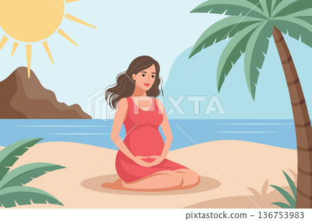 Cute pregnant woman is relaxing on the beach by the sea. Maternity concept, mental and body health wellbeing. Illustration. 136753983