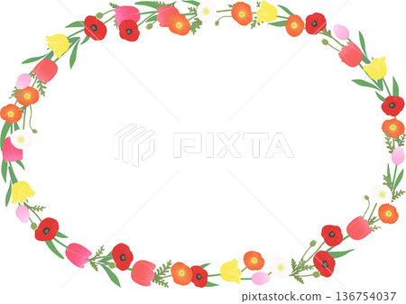 春季花卉圓形邊框向量圖。鬱金香和罌粟花組成的圓形裝飾邊框素材。 春季花卉圓形邊框向量圖。鬱金香和罌粟花組成的圓形裝飾邊框素材。 136754037