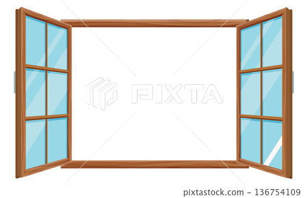 Open window frame with clear blue glass panels Open window frame with clear blue glass panels 136754109