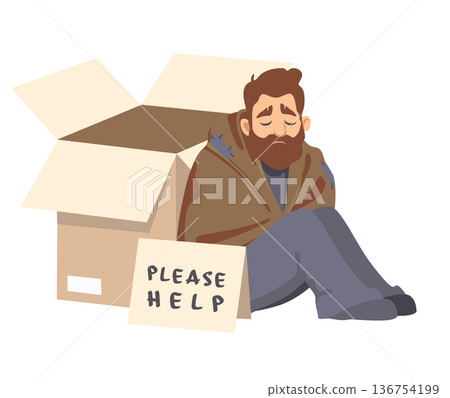 Homeless man sitting with help sign near cardboard box Homeless man sitting with help sign near cardboard box 136754199
