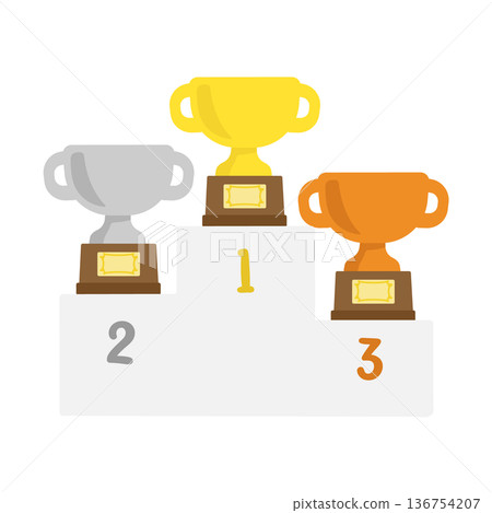 Gold, silver and bronze championship cups and podium illustration 136754207