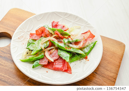 Stir-fried edible cactus and bologna sausage Stir-fried edible cactus and bologna sausage 136754347