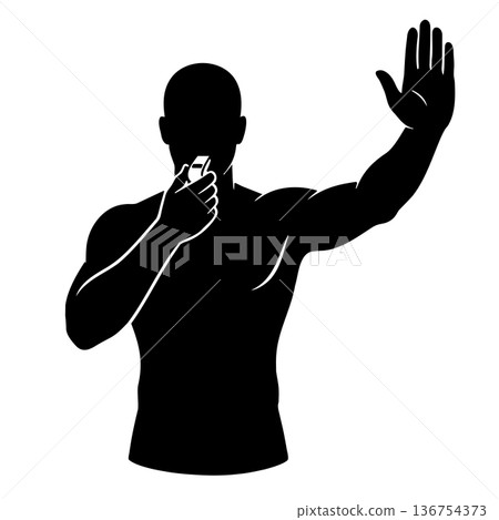 Referee Silhouette Blowing Whistle and Making Stop Gesture. Black and White Vector Illustration of Coach or Lifeguard. Referee Silhouette Blowing Whistle and Making Stop Gesture. Black and White Vector Illustration of Coach or Lifeguard. 136754373