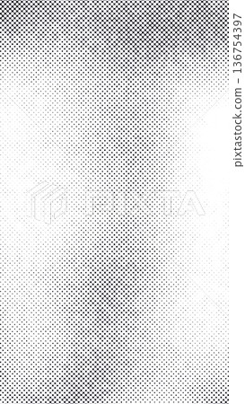 Abstract black and white halftone dots forming smooth gradient pattern. Modern monochrome digital texture with depth and minimal geometric composition on clean background. 136754397