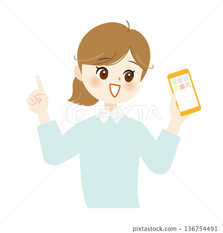 圖：一位面帶微笑的女子手持智慧型手機，指向上方。 136754491