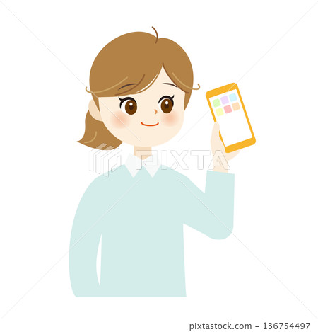 Illustration of a natural smiling woman holding a smartphone. Upper body, cute, SNS, everyday life 06 Illustration of a natural smiling woman holding a smartphone. Upper body, cute, SNS, everyday life 06 136754497