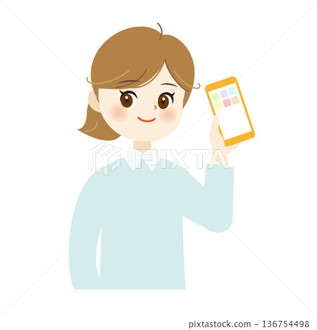Illustration of a natural smiling woman holding a smartphone. Upper body, cute, SNS, everyday life 09 Illustration of a natural smiling woman holding a smartphone. Upper body, cute, SNS, everyday life 09 136754498