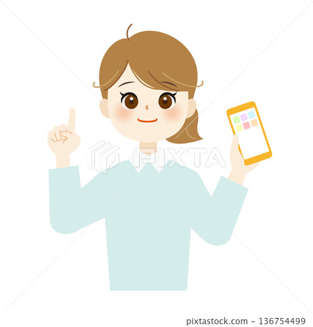 Illustration of a smiling woman holding a smartphone and pointing up Illustration of a smiling woman holding a smartphone and pointing up 136754499