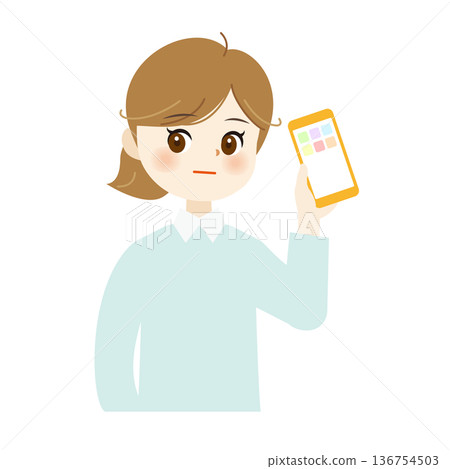 Illustration of a woman holding a smartphone, upper body, cute, natural expression, SNS08 Illustration of a woman holding a smartphone, upper body, cute, natural expression, SNS08 136754503