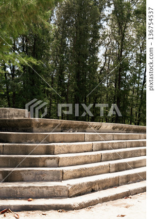 Weathered concrete steps set outdoors with tall trees in the background 136754537