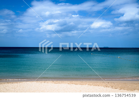 Calm Tropical Beach with Turquoise Sea and Cloudy Sky 136754539