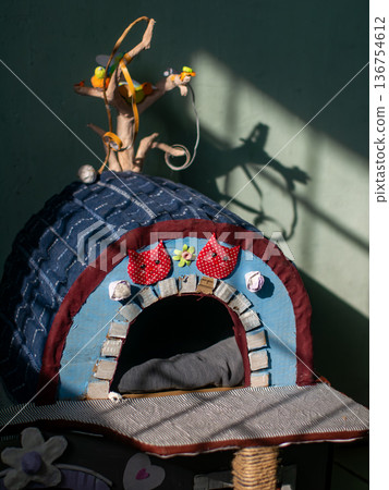 Handmade Colorful Cat House with Decorative Details and Toys Handmade Colorful Cat House with Decorative Details and Toys 136754612