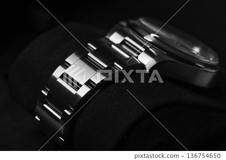 Detailed macro shot of a metallic watch bracelet 136754650